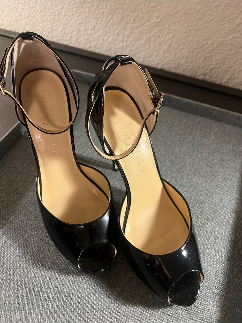 Black Patent Peep-Toe Ankle Strap Heels - Women